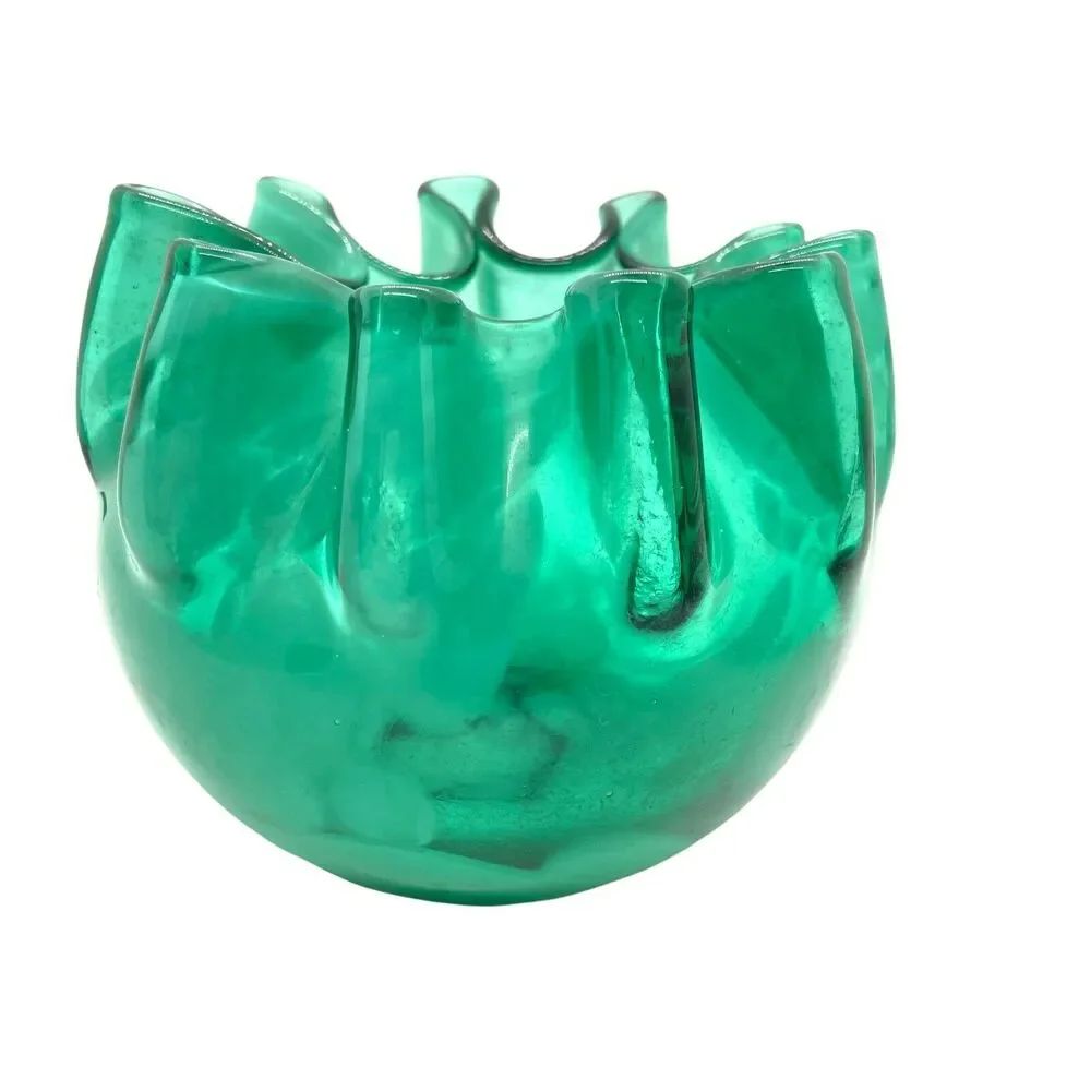 Art Glass Pinch Pot Vase Bowl Handmade Green Hand Blown Decorative Heavy
